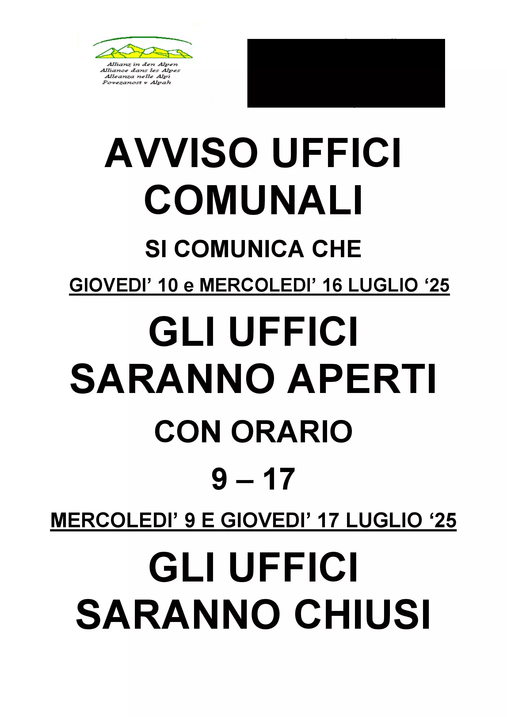 Avviso apertura uffici luglio